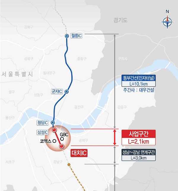 동부간선도로 4공구 위치도 (붉은색 표시된 곳이 4공구 사업구간)(제공:대우건설)